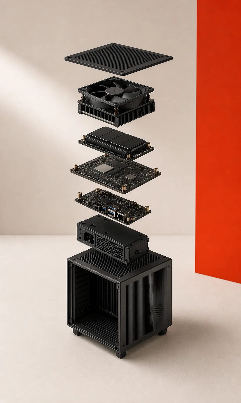 Concept exploded view of the Node: lid, fan and heatsink, compute module, carrier board with ports, power supply, and chassis.